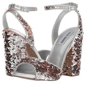 Steve Madden Ritzy Silver Sequin Sandal Heels (Size 9)